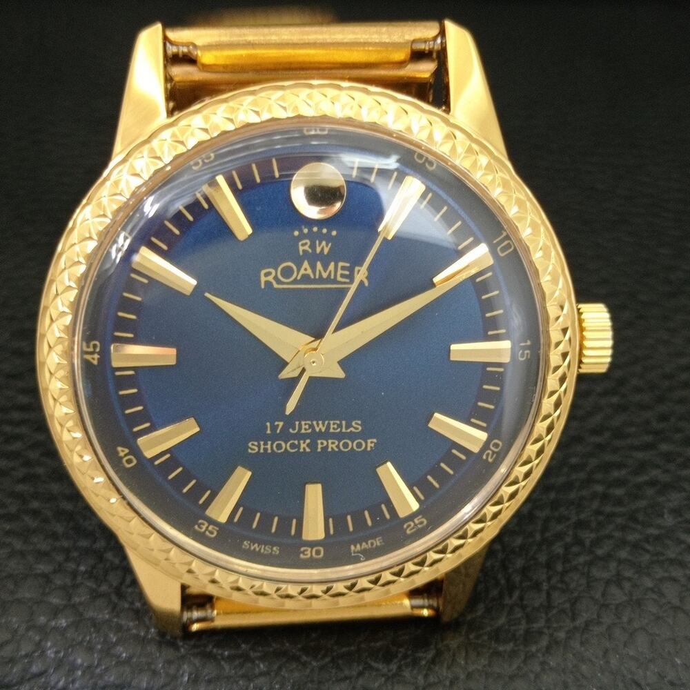 Vintage 1986 Roamer Manual Mens Gold Watch W/Metal Strap & Blue accents - Picture 4 of 9